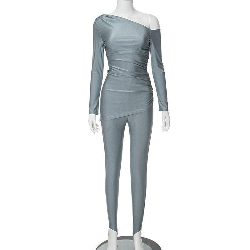 Y2K Ruched Off-Shoulder Long Sleeve Solid Pant Set - Coquette & Grunge Aesthetic Vibes