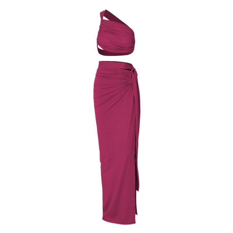 Y2K Ruched One Shoulder Maxi Skirt Set - Coquette Aesthetic with Irregular Tie Detail