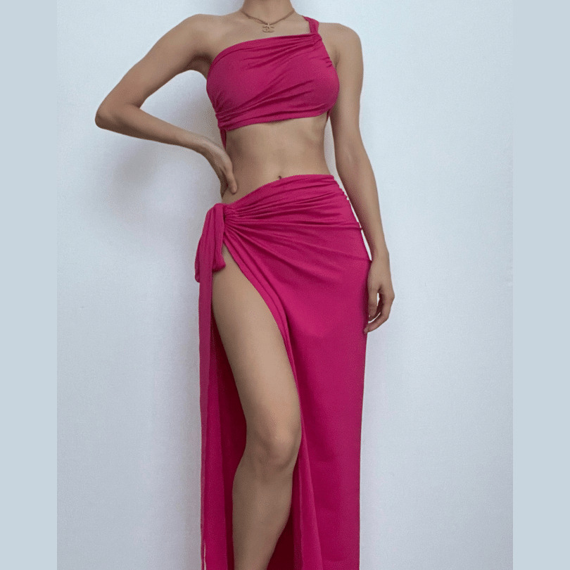 Y2K Ruched One Shoulder Maxi Skirt Set - Coquette Aesthetic with Irregular Tie Detail