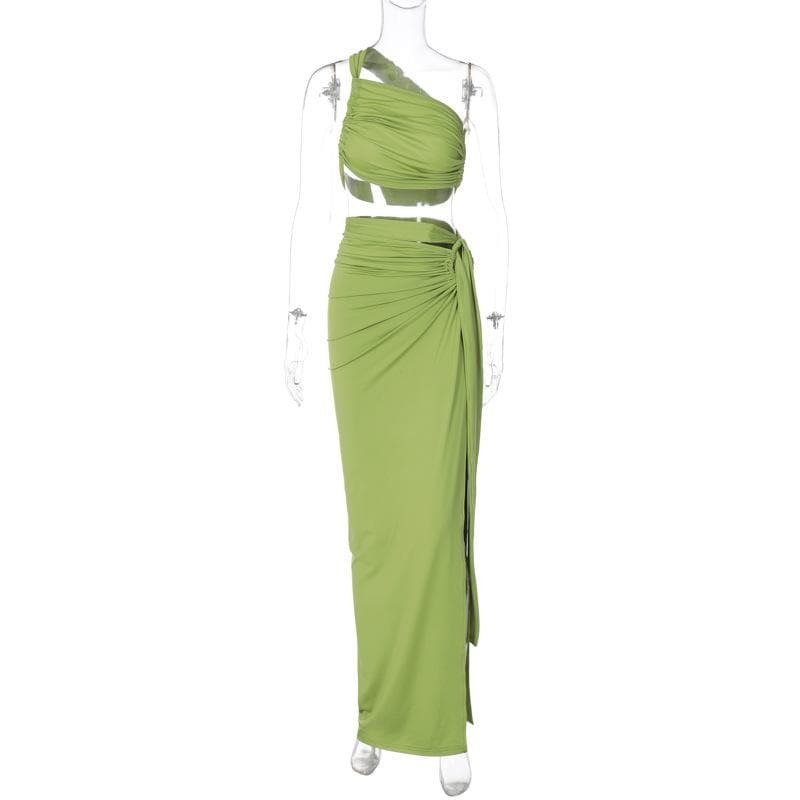 Y2K Ruched One Shoulder Maxi Skirt Set - Coquette Aesthetic with Irregular Tie Detail
