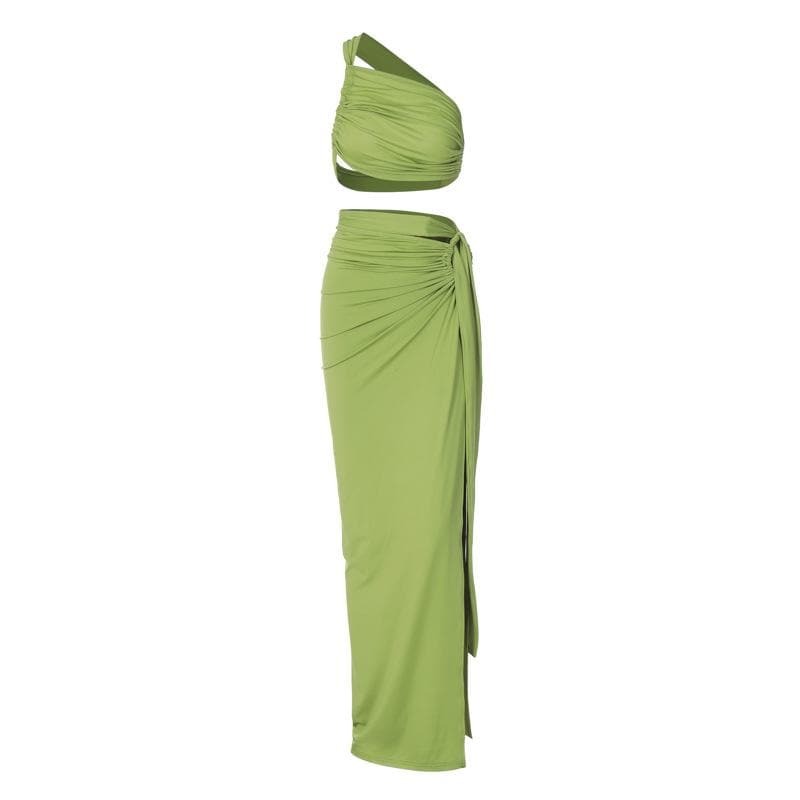 Y2K Ruched One Shoulder Maxi Skirt Set - Coquette Aesthetic with Irregular Tie Detail