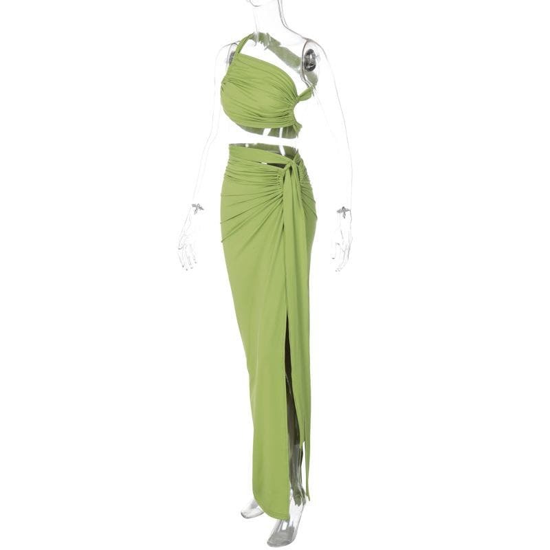 Y2K Ruched One Shoulder Maxi Skirt Set - Coquette Aesthetic with Irregular Tie Detail