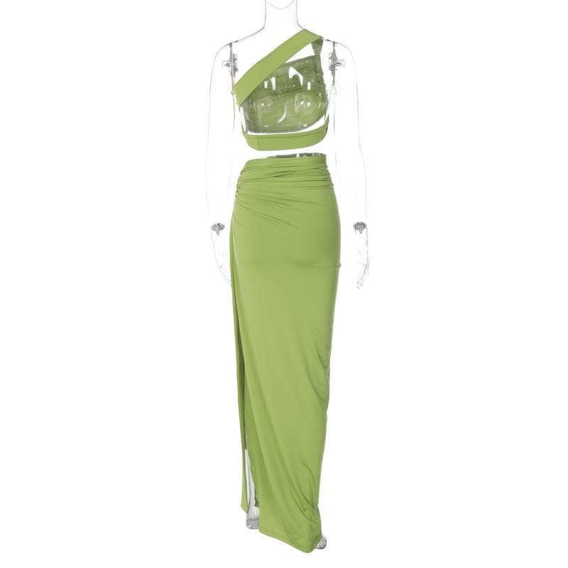 Y2K Ruched One Shoulder Maxi Skirt Set - Coquette Aesthetic with Irregular Tie Detail