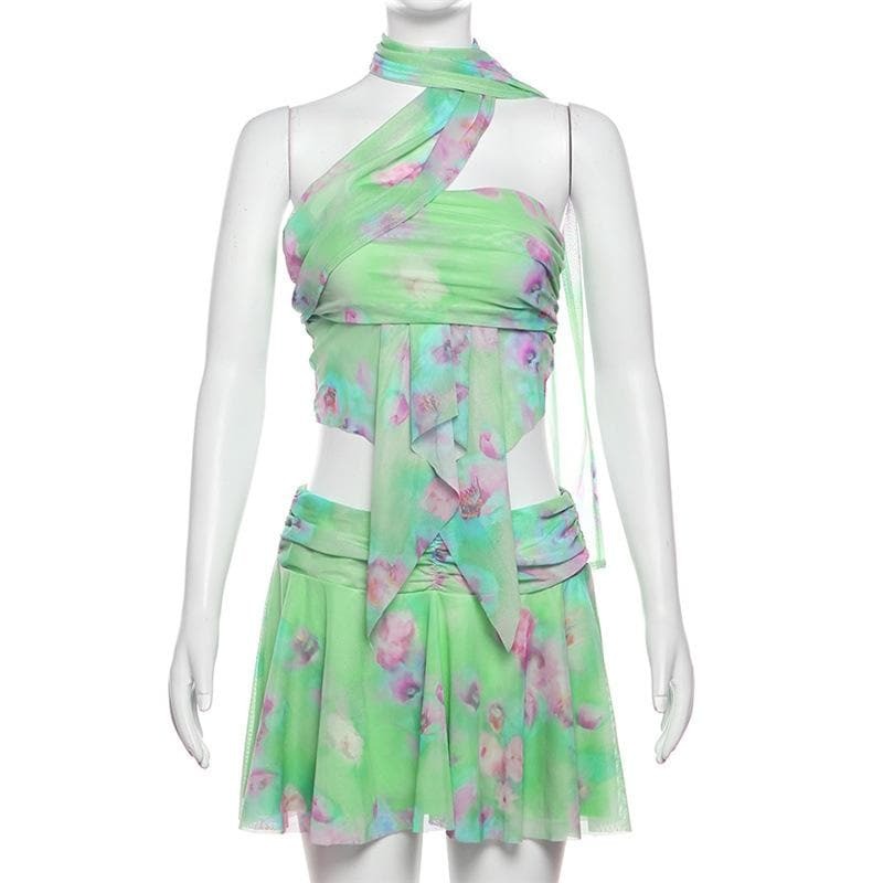 Y2K Ruched Ruffle Mesh Mini Skirt Set - Cute Coquette Aesthetic Outfit for Fall