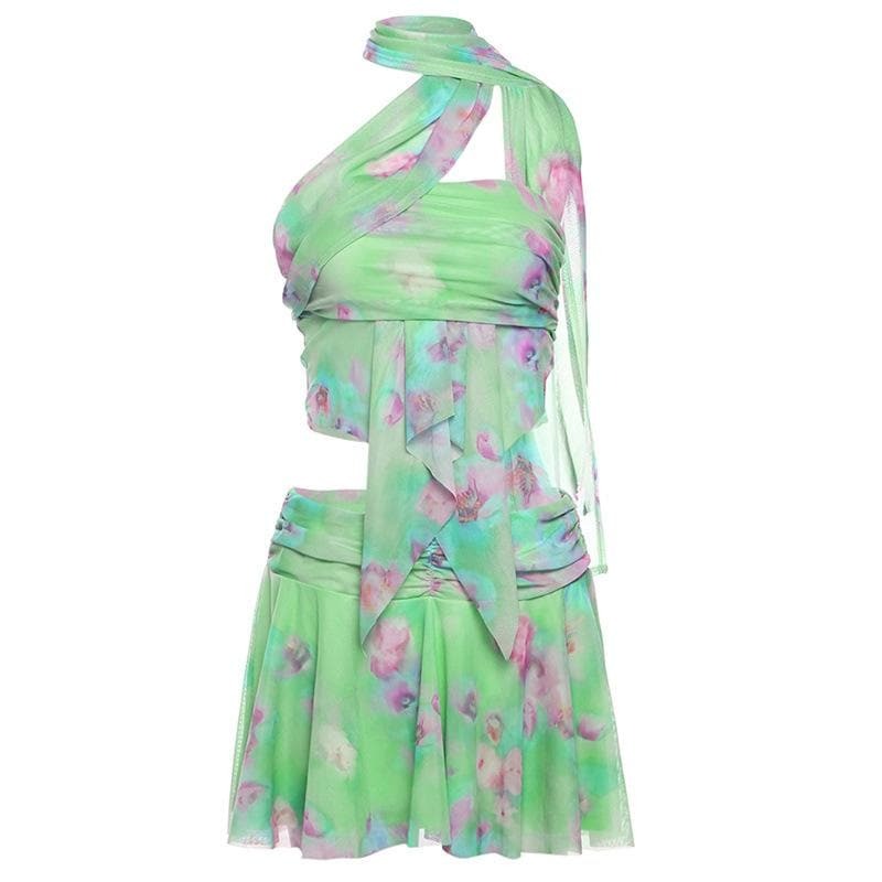 Y2K Ruched Ruffle Mesh Mini Skirt Set - Cute Coquette Aesthetic Outfit for Fall