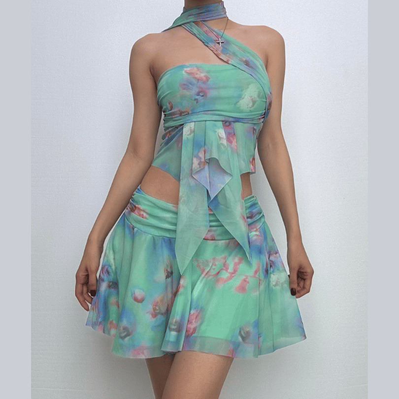 Y2K Ruched Ruffle Mesh Mini Skirt Set - Cute Coquette Aesthetic Outfit for Fall