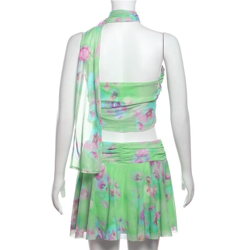 Y2K Ruched Ruffle Mesh Mini Skirt Set - Cute Coquette Aesthetic Outfit for Fall