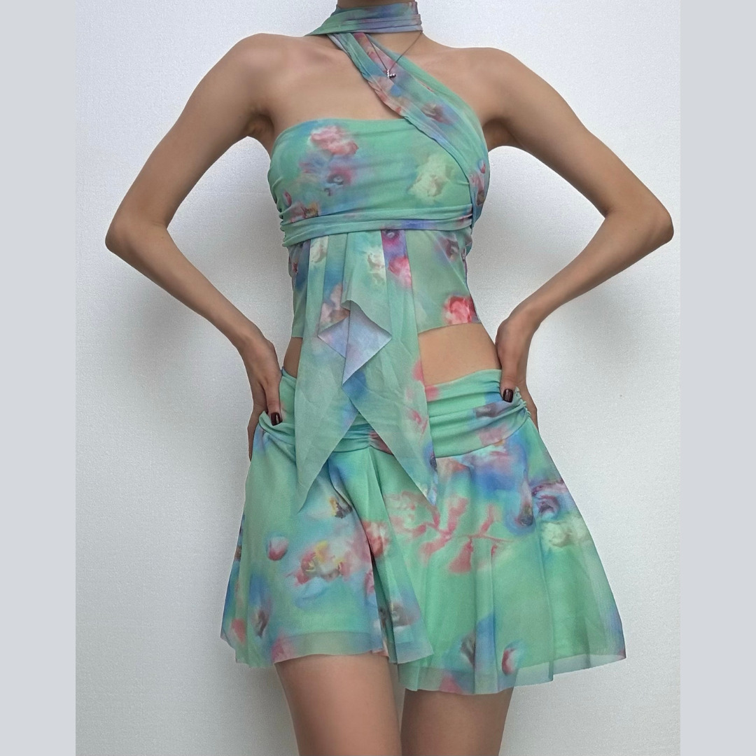 Y2K Ruched Ruffle Mesh Mini Skirt Set - Cute Coquette Aesthetic Outfit for Fall