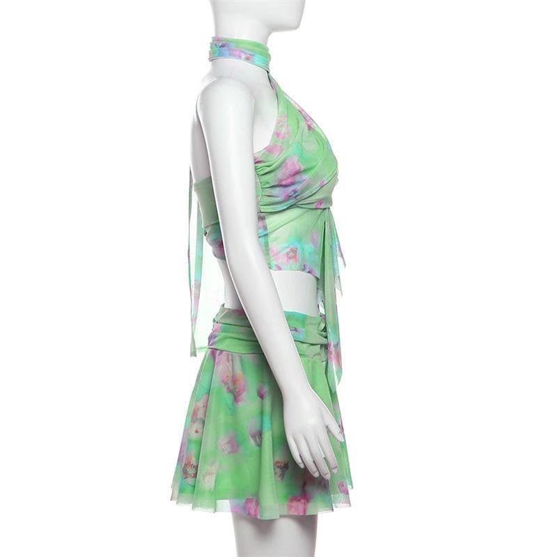 Y2K Ruched Ruffle Mesh Mini Skirt Set - Cute Coquette Aesthetic Outfit for Fall