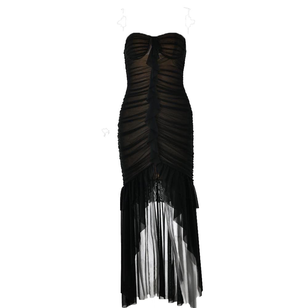 Y2K Ruched Ruffle Tube Midi Dress - Cute Coquette Aesthetic for Fall Fashion