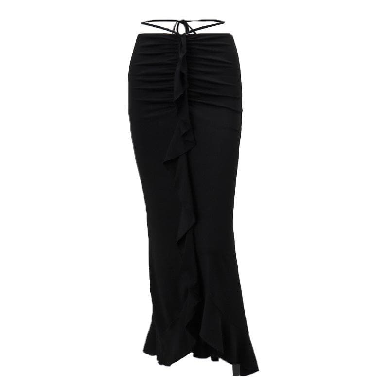 Y2K Ruched Self-Tie Low Rise Midi Skirt - Cute Coquette & Grunge Aesthetic Fashion