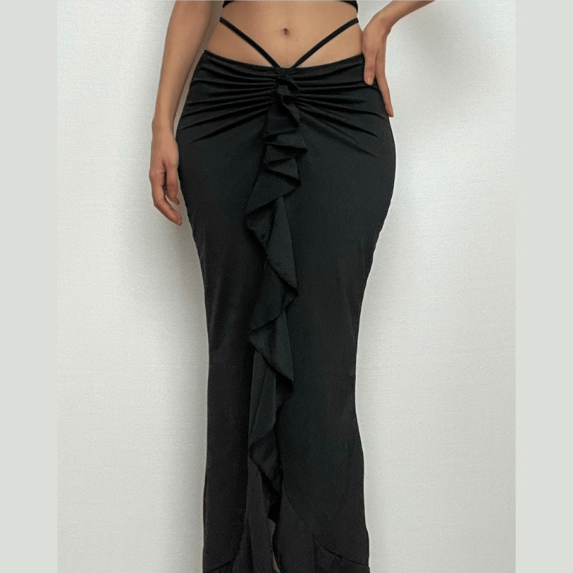 Y2K Ruched Self-Tie Low Rise Midi Skirt - Cute Coquette & Grunge Aesthetic Fashion
