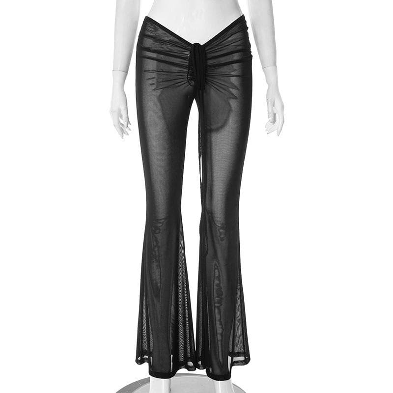 Y2K Ruched Self-Tie Sheer Mesh Flared Pants - Cute Grunge Aesthetic for Trendy Outfits