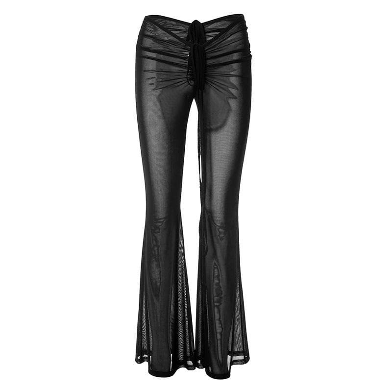 Y2K Ruched Self-Tie Sheer Mesh Flared Pants - Cute Grunge Aesthetic for Trendy Outfits