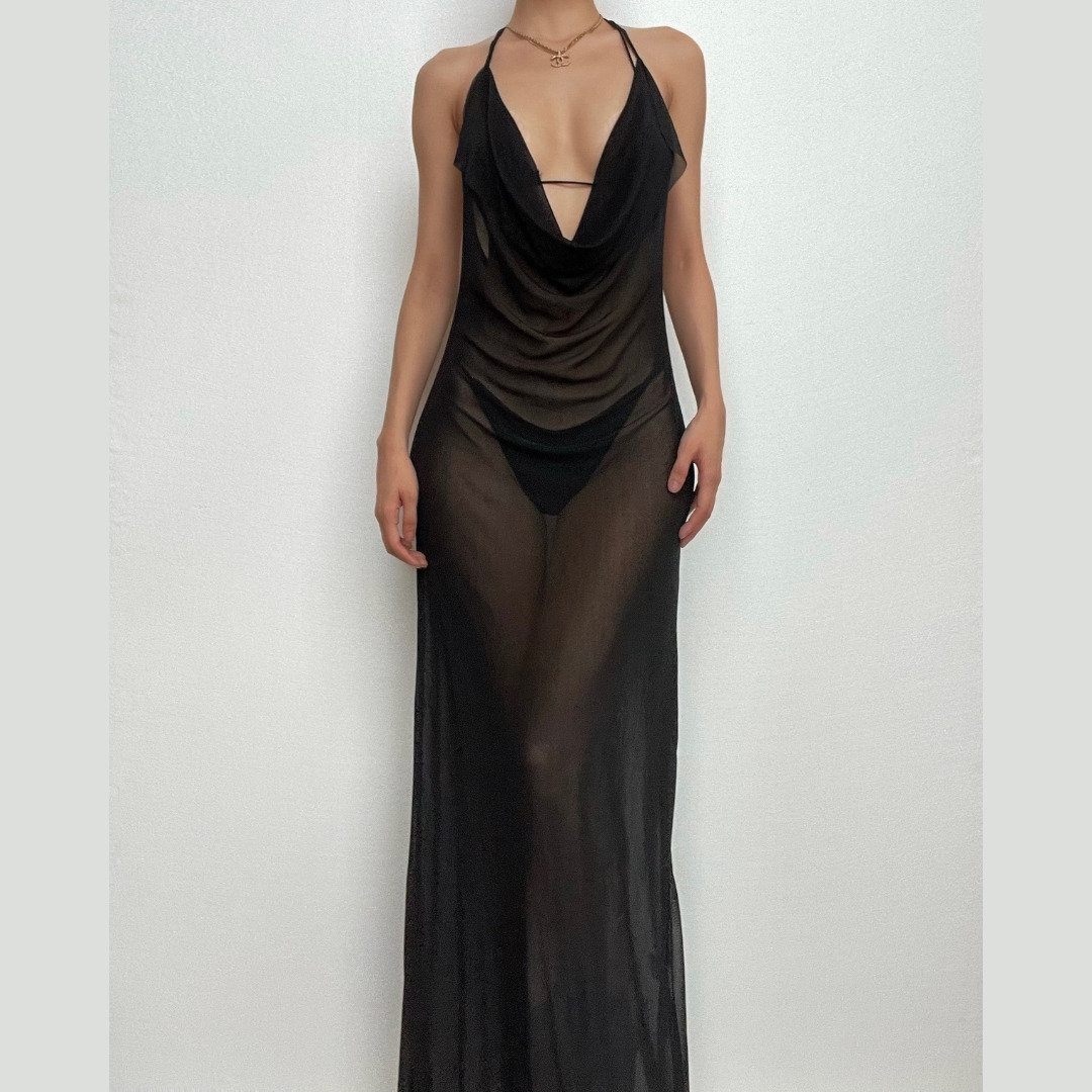 Y2K Ruched Sheer Mesh Halter Backless Maxi Dress - Coquette & Grunge Aesthetic Outfit