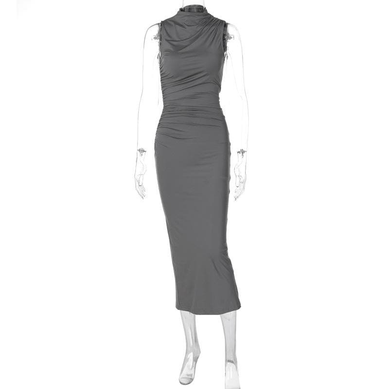Y2K Ruched Sleeveless Midi Dress with Slit - Coquette & Grunge Aesthetic Fashion