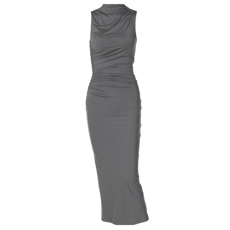 Y2K Ruched Sleeveless Midi Dress with Slit - Coquette & Grunge Aesthetic Fashion