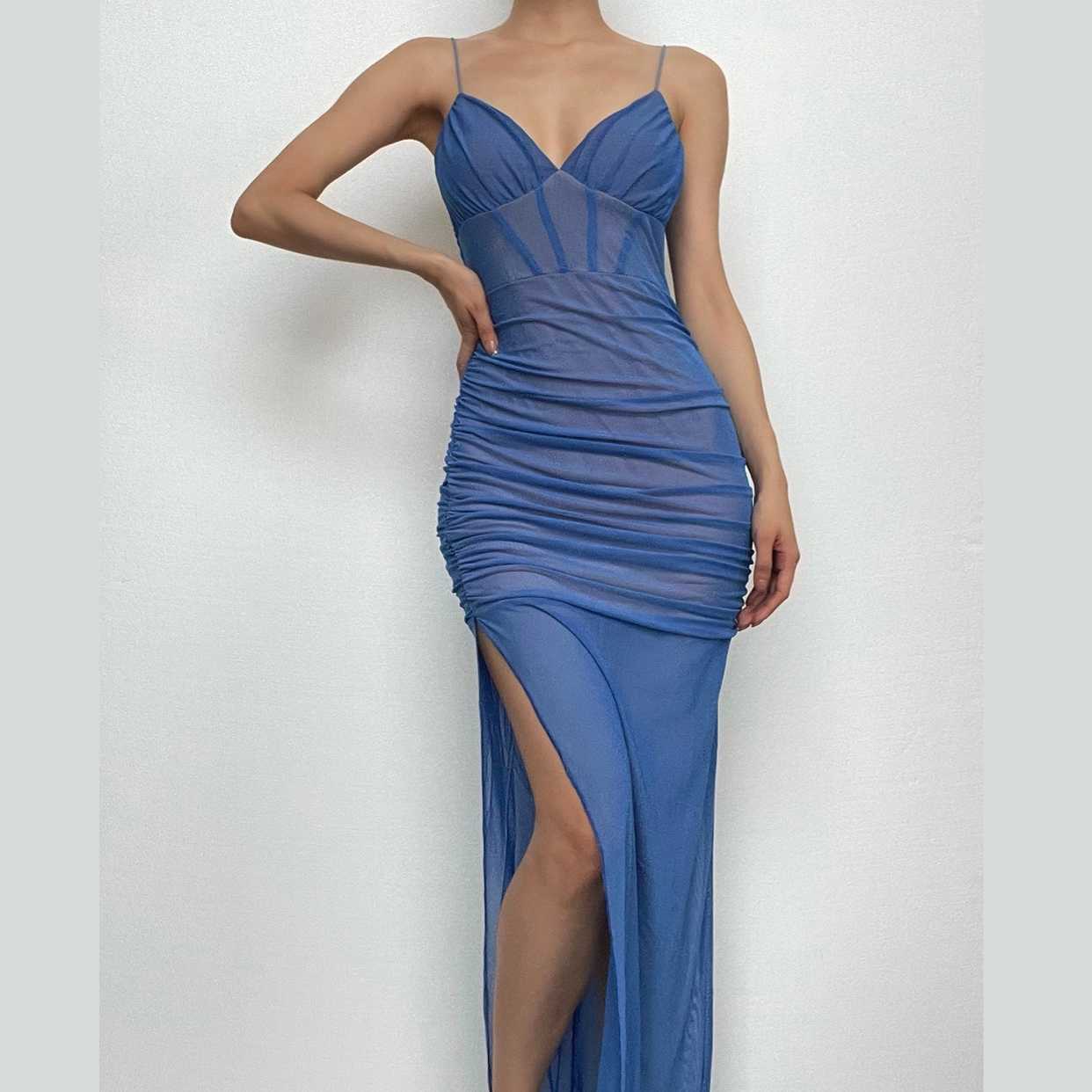 Y2K Ruched Slit Maxi Dress with Zip-Up and Spaghetti Straps - Coquette & Grunge Aesthetic