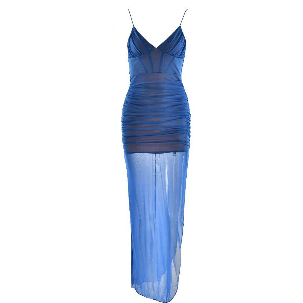 Y2K Ruched Slit Maxi Dress with Zip-Up and Spaghetti Straps - Coquette & Grunge Aesthetic