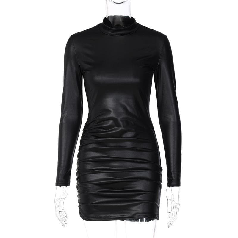 Y2K Ruched Solid Long Sleeve High Neck Mini Dress - Coquette & Grunge Aesthetic Style