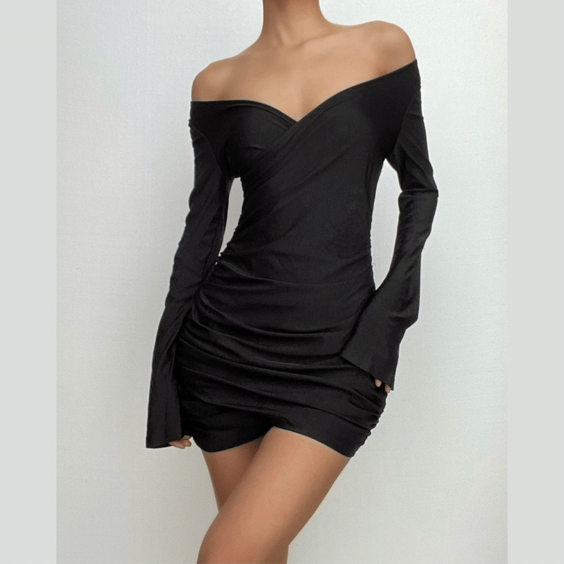 Y2K Ruched Solid Long Sleeve V-Neck Mini Dress - Coquette & Grunge Aesthetic Style
