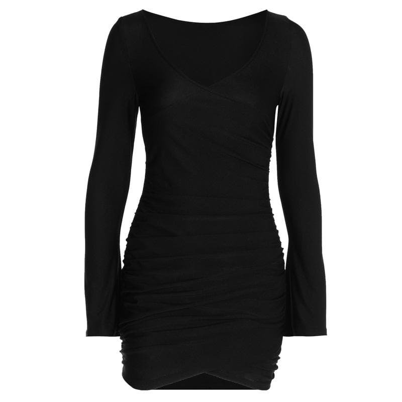 Y2K Ruched Solid Long Sleeve V-Neck Mini Dress - Coquette & Grunge Aesthetic Style