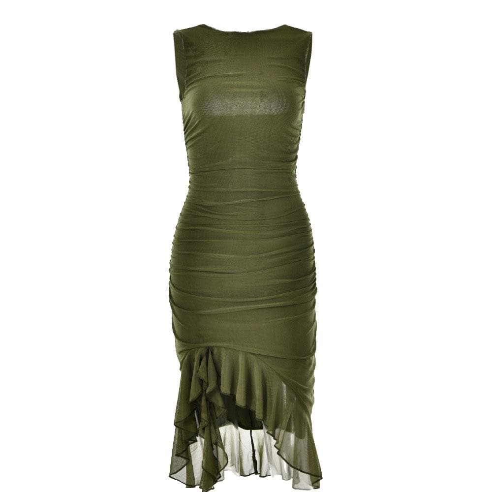 Y2K Ruched Solid Sleeveless Ruffle Backless Midi Dress - Cute Coquette & Grunge Aesthetic