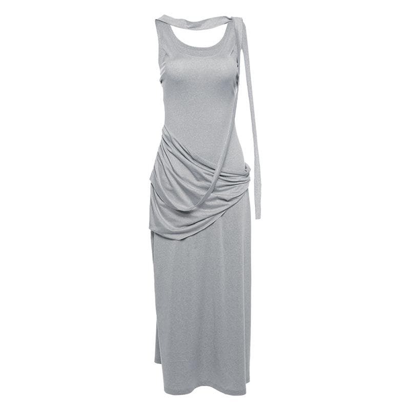 Y2K Ruched Solid Sleeveless U-Neck Midi Dress - Coquette & Grunge Aesthetic Fashion