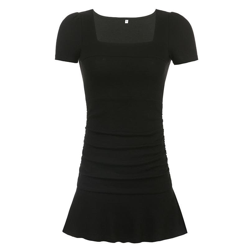 Y2K Ruched Square Neck Ruffle Mini Dress - Cute Coquette & Grunge Aesthetic Style