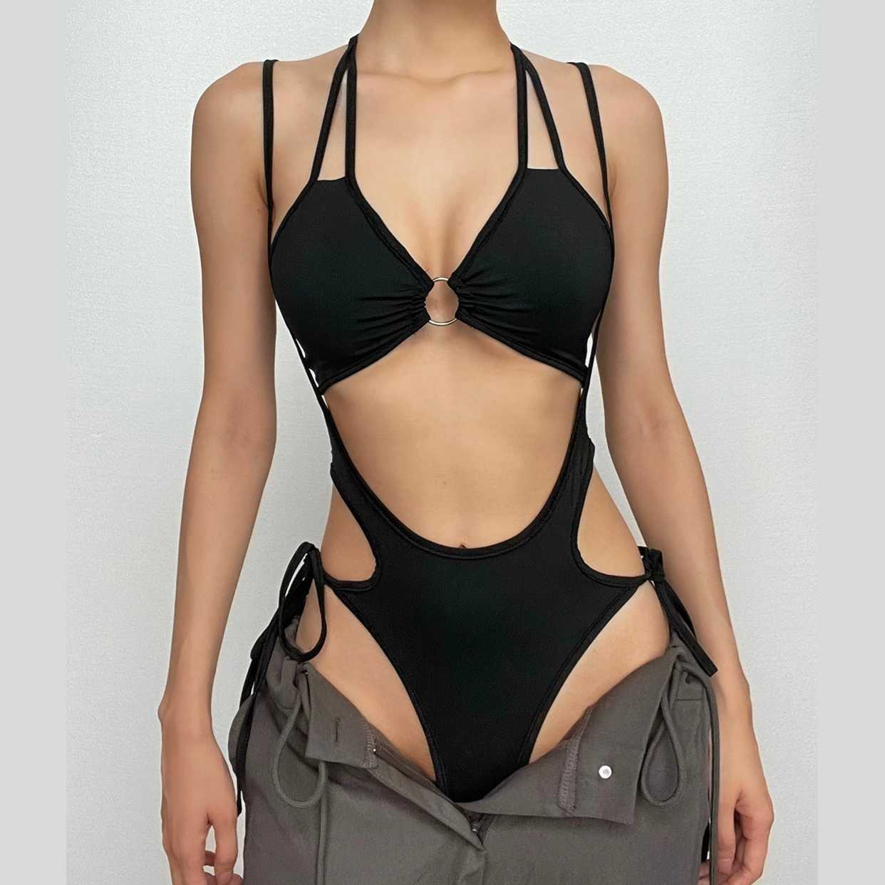 Y2K Ruched V-Neck O-Ring Halter Backless 2-Piece Bodysuit - Coquette & Grunge Aesthetic