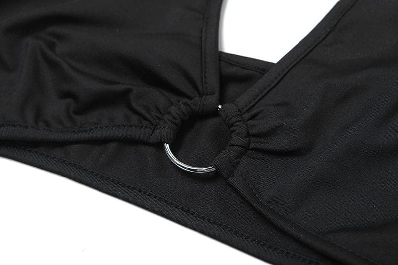 Y2K Ruched V-Neck O-Ring Halter Backless 2-Piece Bodysuit - Coquette & Grunge Aesthetic