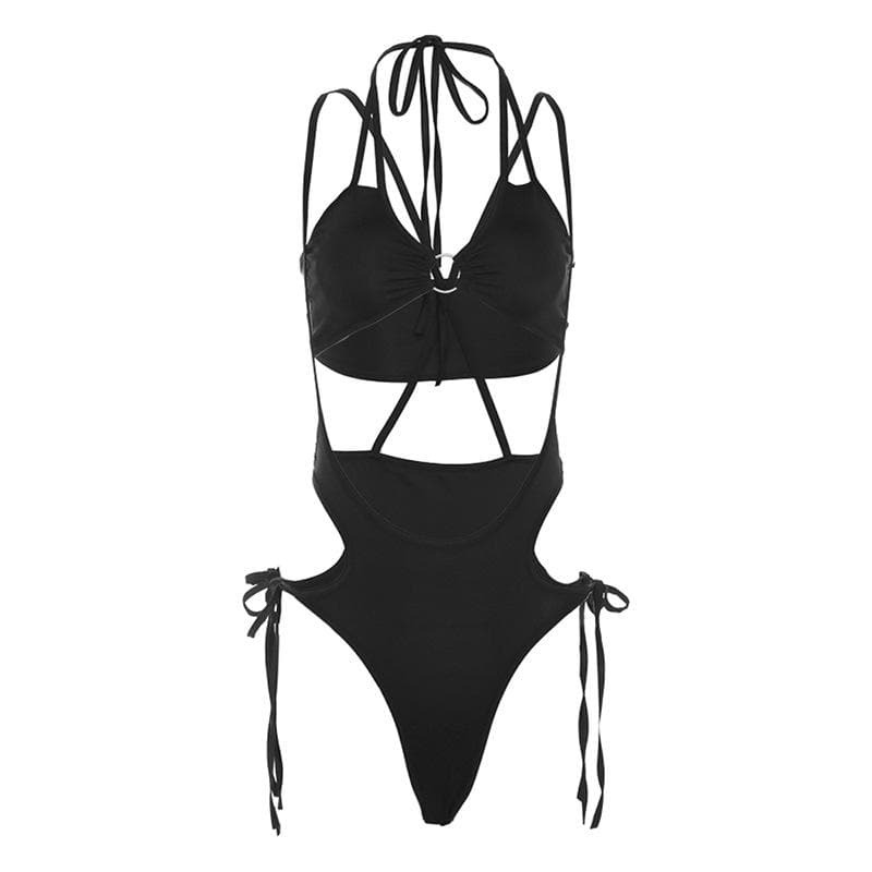Y2K Ruched V-Neck O-Ring Halter Backless 2-Piece Bodysuit - Coquette & Grunge Aesthetic