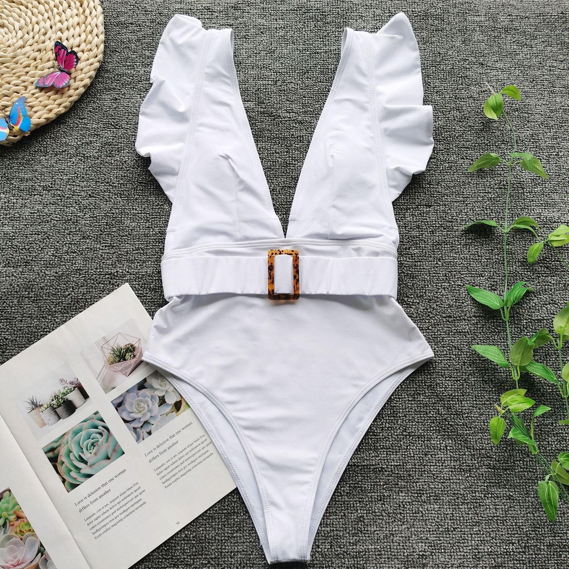 Y2K Ruffled V-Neck One-Piece Swimwear - Cute Coquette Aesthetic for Summer Vibes
