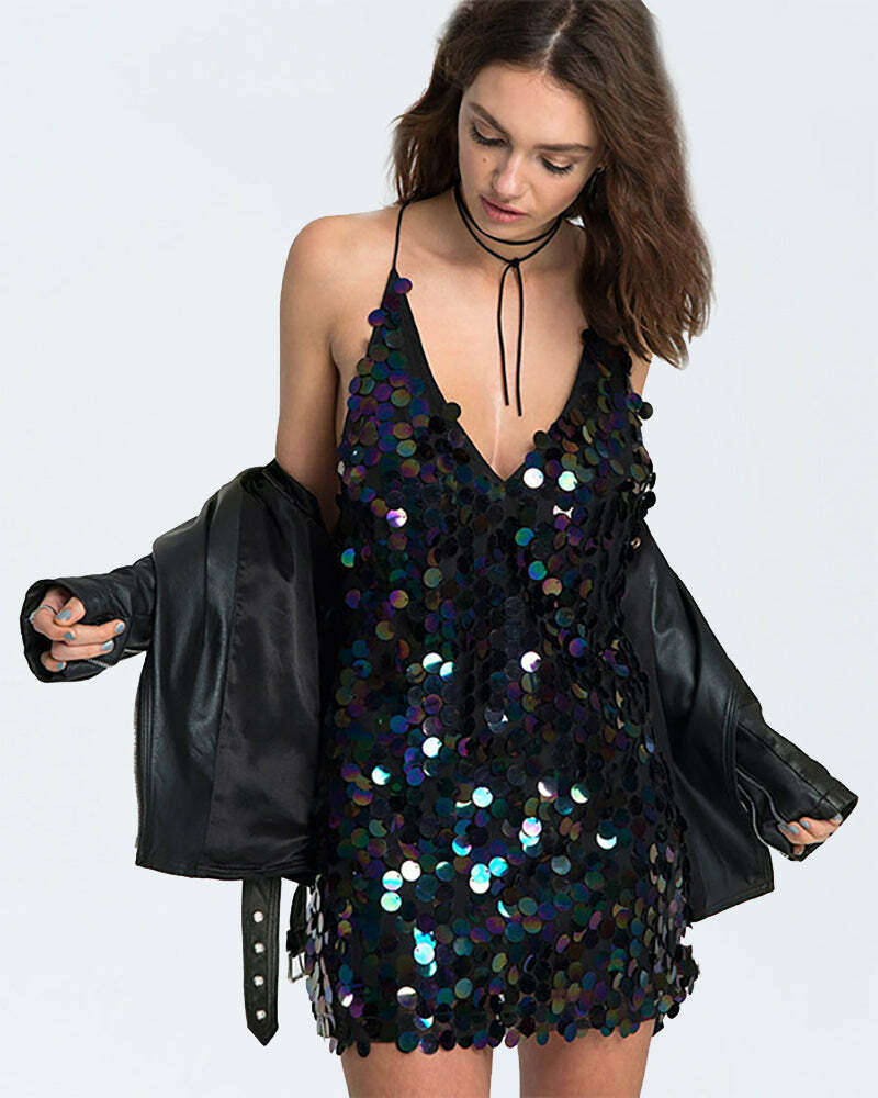 Y2K Sequined Deep V-Neck Slip Dress - Coquette Aesthetic & Grunge Style Party Outfit