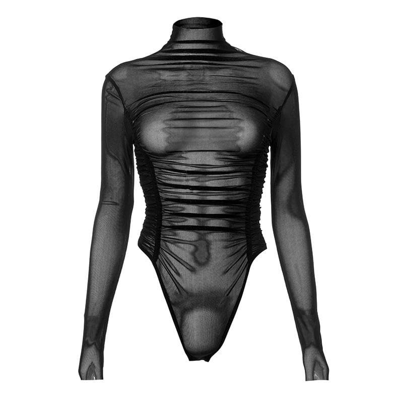 Y2K Sheer Mesh Bodysuit - Cute High Neck Top for Coquette, Grunge, and Aesthetic Styles