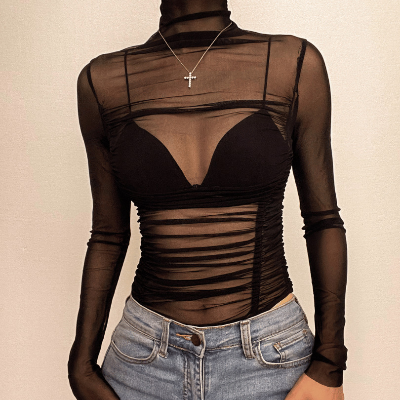 Y2K Sheer Mesh Bodysuit - Cute High Neck Top for Coquette, Grunge, and Aesthetic Styles