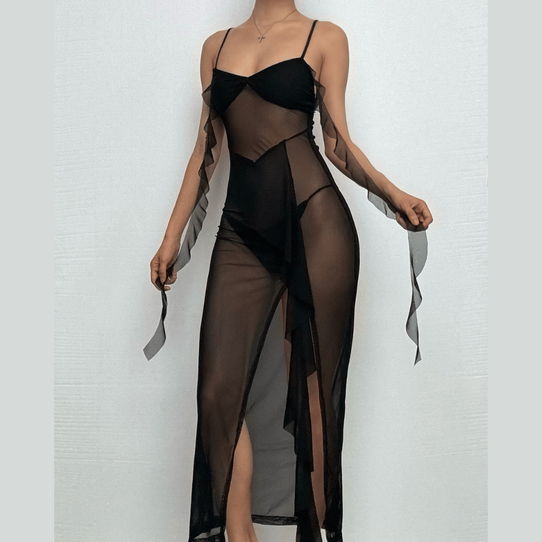Y2K Sheer Mesh Cami Midi Dress with Sweetheart Neck and High Slit - Coquette & Grunge Aesthetic