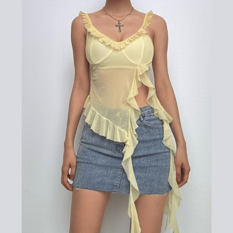 Y2K Sheer Mesh Cami Top with U Neck & Ruffle Slit - Perfect for Coquette & Grunge Aesthetics
