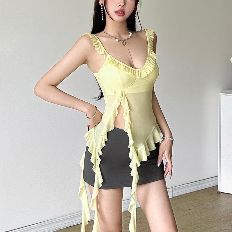 Y2K Sheer Mesh Cami Top with U Neck & Ruffle Slit - Perfect for Coquette & Grunge Aesthetics