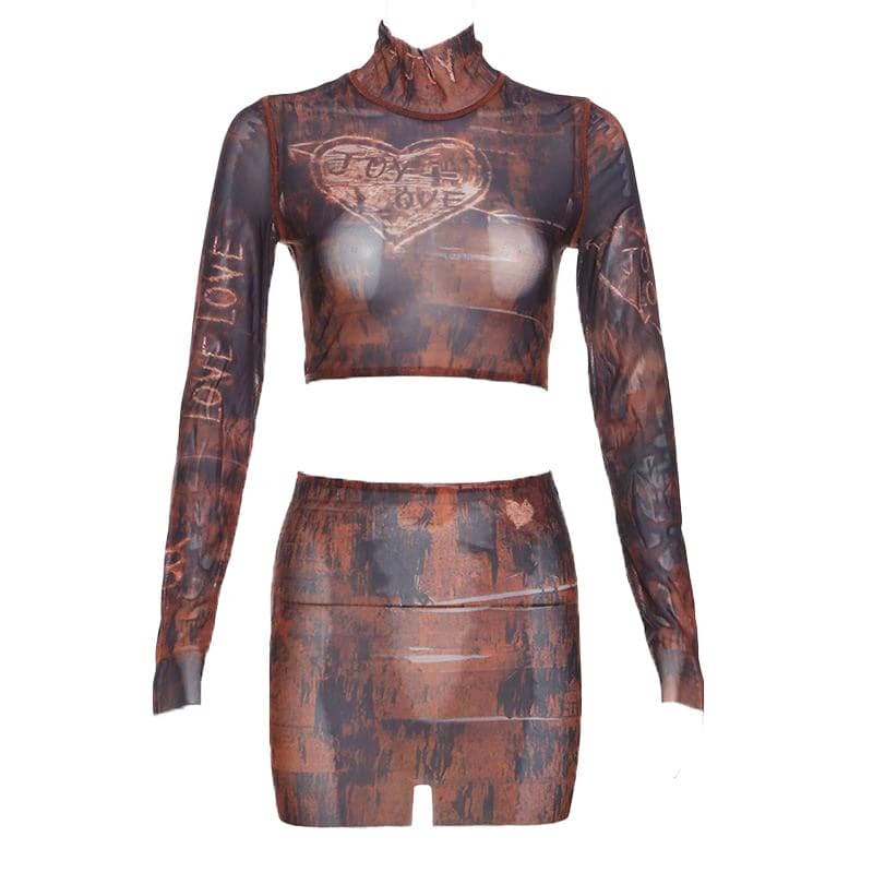 Y2K Sheer Mesh Crop Top & Mini Skirt Set - Coquette Aesthetic with Grunge Vibes