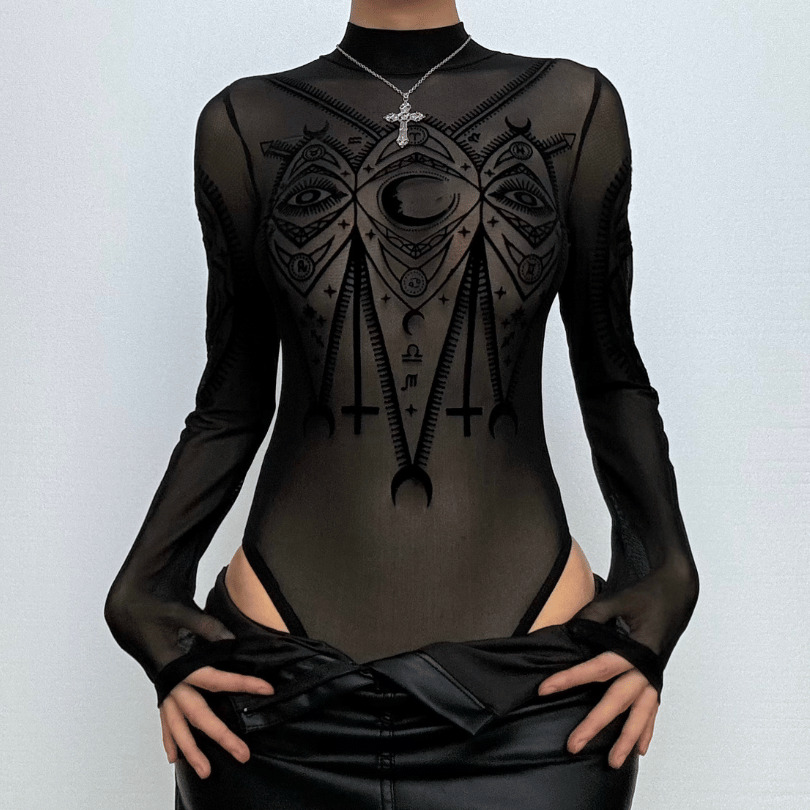 Y2K Sheer Mesh Eye Print Bodysuit - Grunge Aesthetic Long Sleeve Top for Cute Outfits