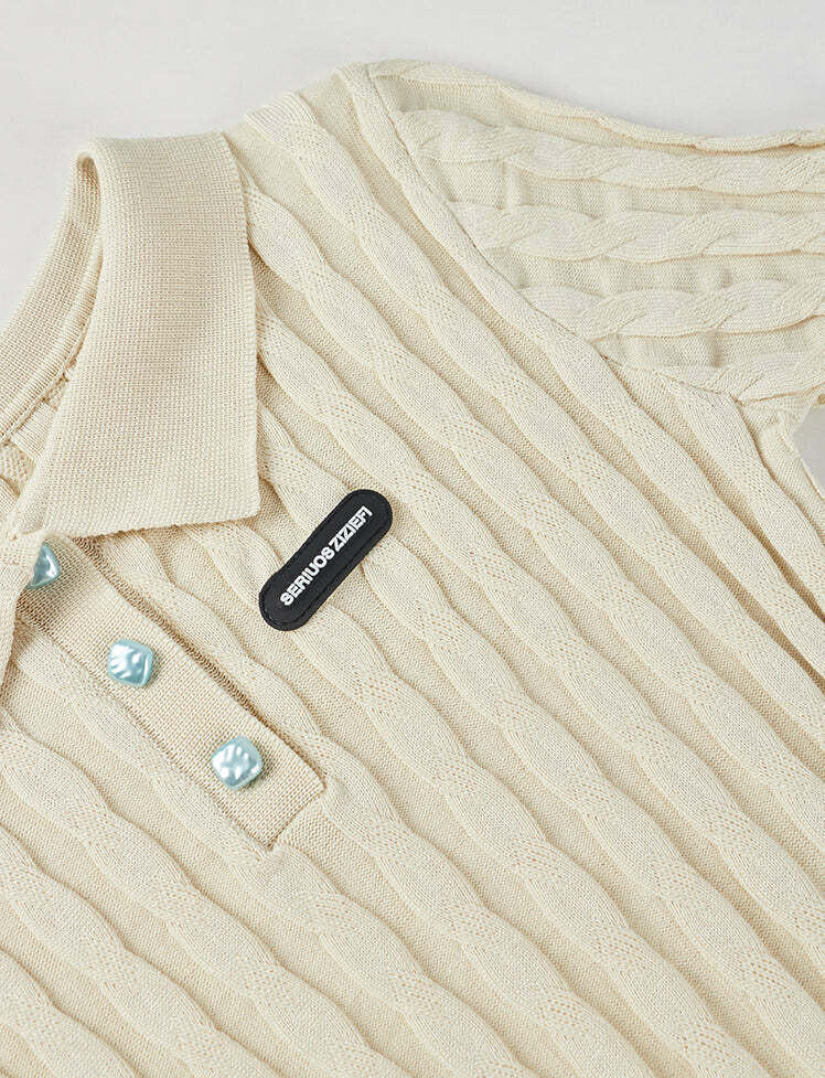 Y2K Short Sleeve Knit Polo - Cute Coquette Aesthetic Top for Grunge & Pastel Goth Styles