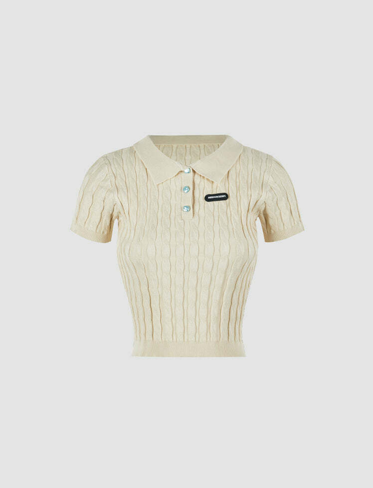 Y2K Short Sleeve Knit Polo - Cute Coquette Aesthetic Top for Grunge & Pastel Goth Styles