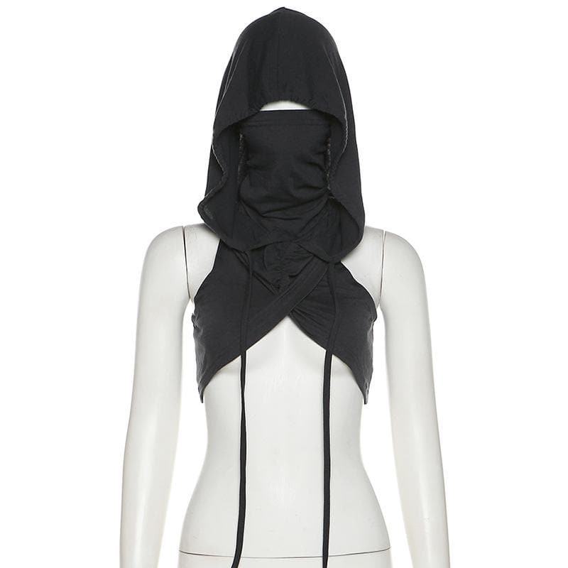 Y2K Sleeveless Hoodie with Drawstring, Cross Front Ruched Design - Cute & Comfy Aesthetic Top