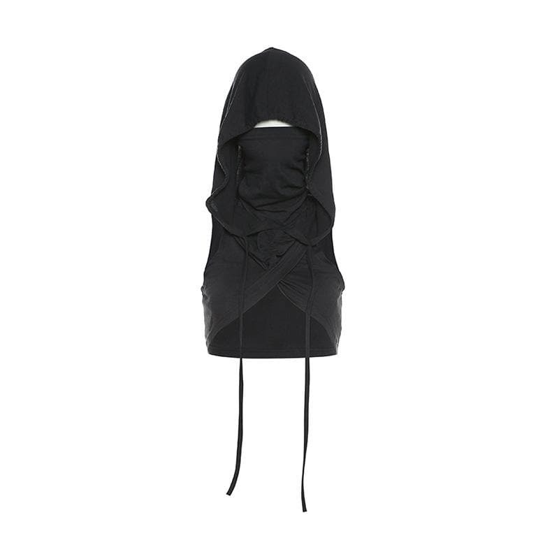 Y2K Sleeveless Hoodie with Drawstring, Cross Front Ruched Design - Cute & Comfy Aesthetic Top