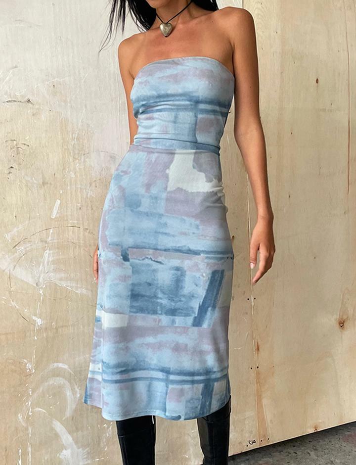 Y2K Slim Tube Top Dress in Blue - Cute Coquette Aesthetic for Grunge & Pastel Styles