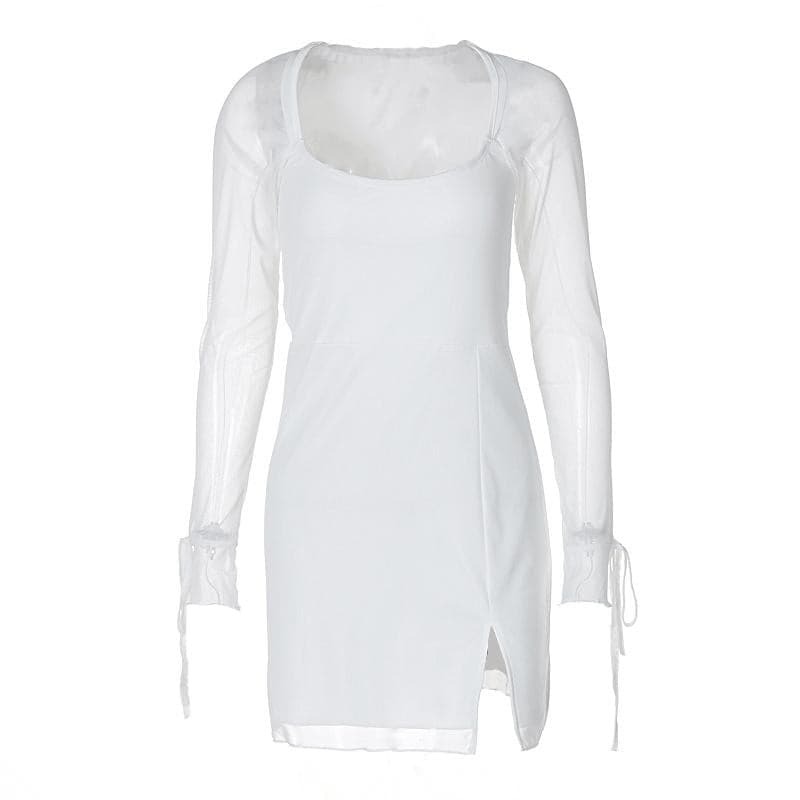 Y2K Slit Mesh Mini Dress - Coquette & Grunge Aesthetic Square Neck Style for Cute Outfits