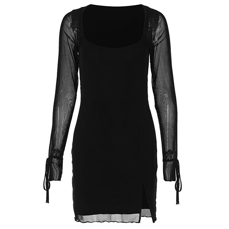 Y2K Slit Mesh Mini Dress - Coquette & Grunge Aesthetic Square Neck Style for Cute Outfits