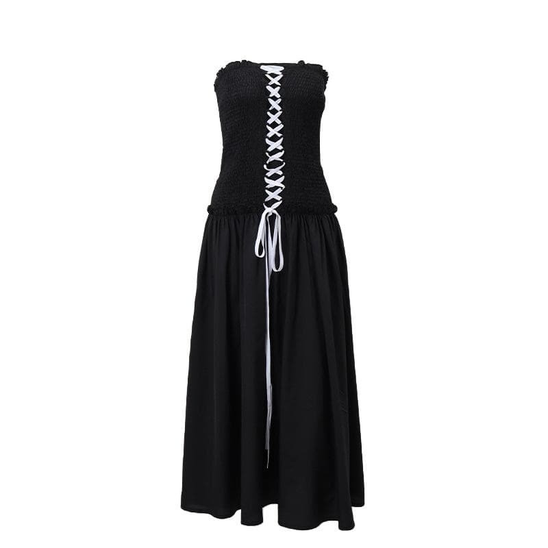 Y2K Smocked Ruffle Backless Tube Midi Dress - Cute Coquette & Grunge Aesthetic Style