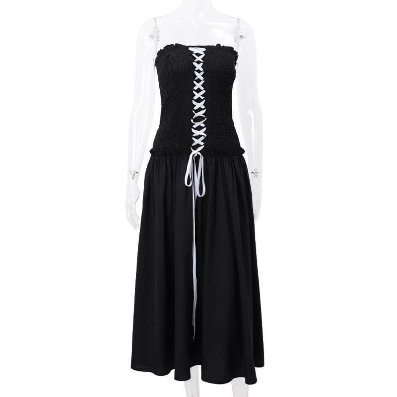 Y2K Smocked Ruffle Backless Tube Midi Dress - Cute Coquette & Grunge Aesthetic Style